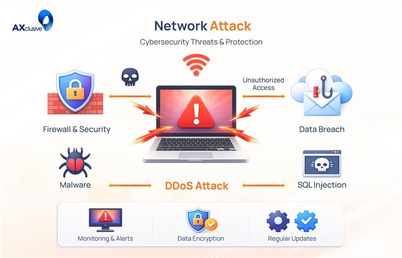 Network attack illustration showing cybersecurity threats